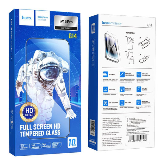 Pellicola Protettiva Schermo HOCO G14 per Apple iPhone 15 Pro, Vetro Temperato, Full Glue, Set 10 pezzi, 5D, Nera