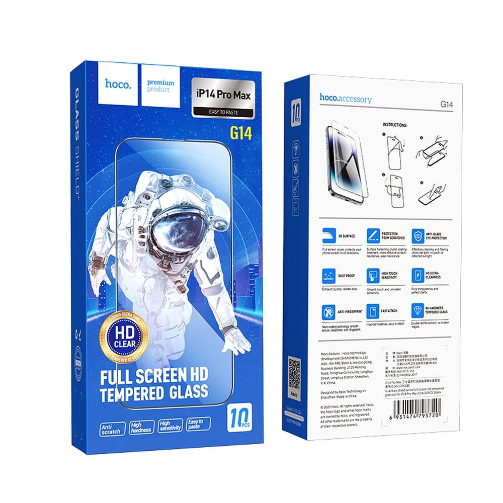 Pellicola Protettiva Schermo HOCO per Apple iPhone 14 Pro Max, Vetro Temperato, Full Glue, Set 10 pezzi, Nera