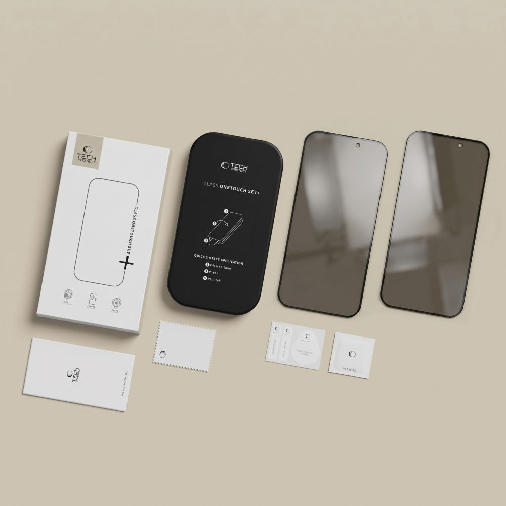 Pellicola protettiva per schermo Privacy Tech-Protect OneTouch per Apple iPhone 18 Pro, Vetro temperato, Full Glue, Set 2 pezzi