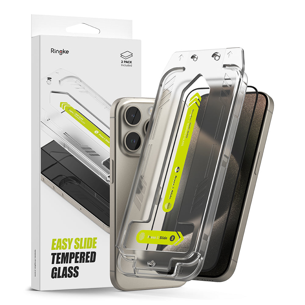 Pellicola protettiva Schermo Ringke Easy Slide per Apple iPhone 15 Pro Max, Vetro Temperato, Full Glue, Set 2 pezzi, Nera