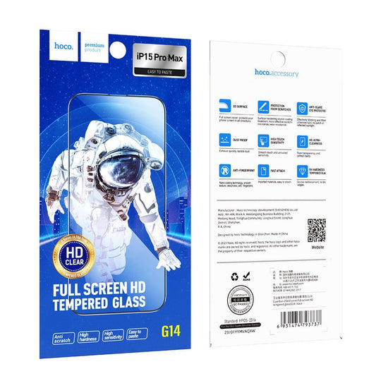 Pellicola protettiva Schermo HOCO G14 per Apple iPhone 15 Pro Max, Vetro Temperato, Full Glue, Set 10 pezzi, 5D, Nera