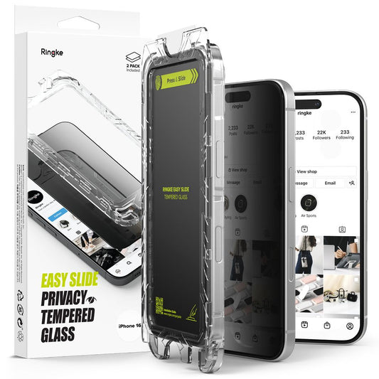Protezione dello schermo della privacy Ringke Easy Slide per Apple iPhone 16 / 15, vetro protetto, colla completa, set 2 pezzi