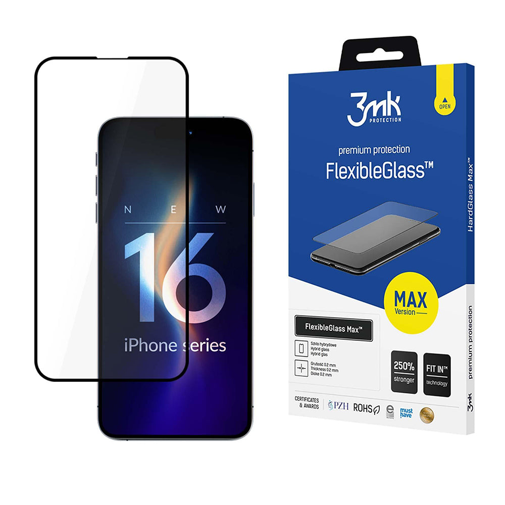 Pellicola protettiva per schermo 3MK FlexibleGlass Max per Apple iPhone 16 Pro, Vetro Flessibile, Full Glue, Nero