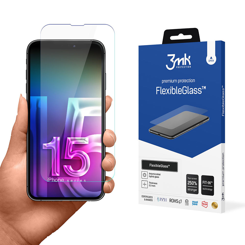 Pellicola protettiva per schermo 3MK FlexibleGlass per Apple iPhone 15, Vetro Flessibile, Full Glue