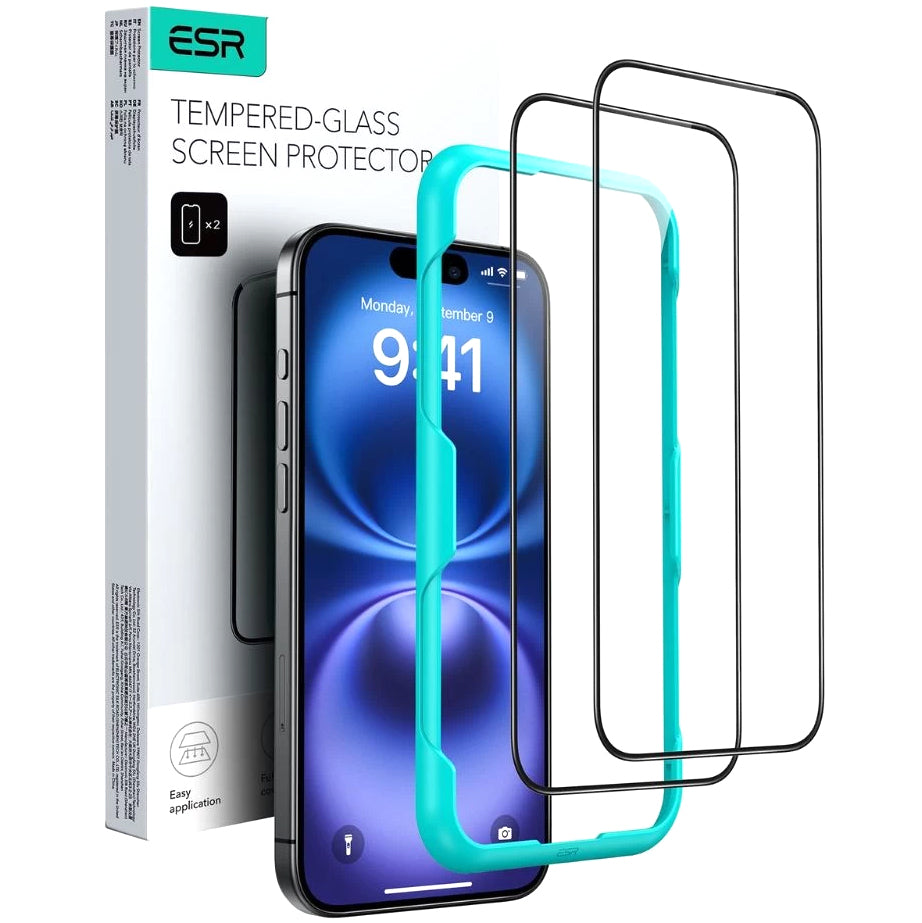 Pellicola protettiva ESR per schermo Apple iPhone 16 Pro Max, Vetro Temperato, Full Glue, Set 2 pezzi, Nera