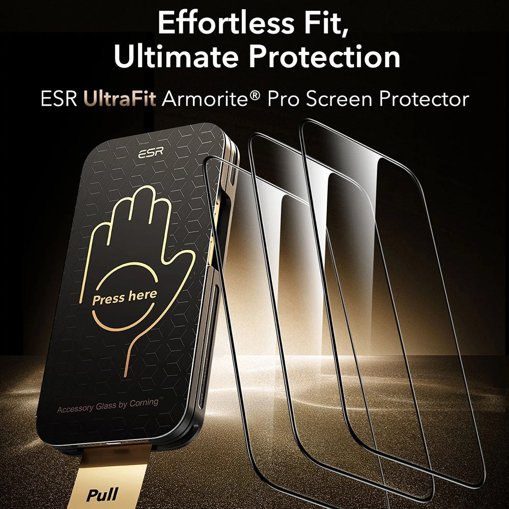 Pellicola Protettiva Schermo ESR Corning UltraFit per Apple iPhone 17 / 16 Pro, Vetro Temperato, Full Glue, Set 3 pezzi, Nera