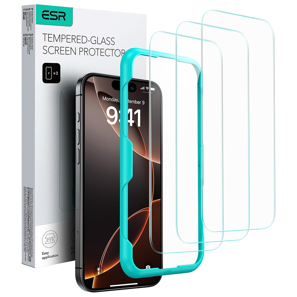 Pellicola protettiva ESR per Apple iPhone 17 / 16 Pro, Vetro Temperato, Full Glue, Set 3 pezzi, Nera