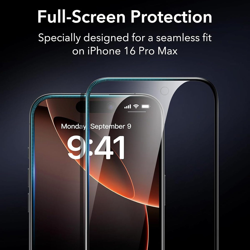 Pellicola protettiva ESR per Apple iPhone 17 / 16 Pro, Vetro Temperato, Full Glue, Set 3 pezzi, Nera