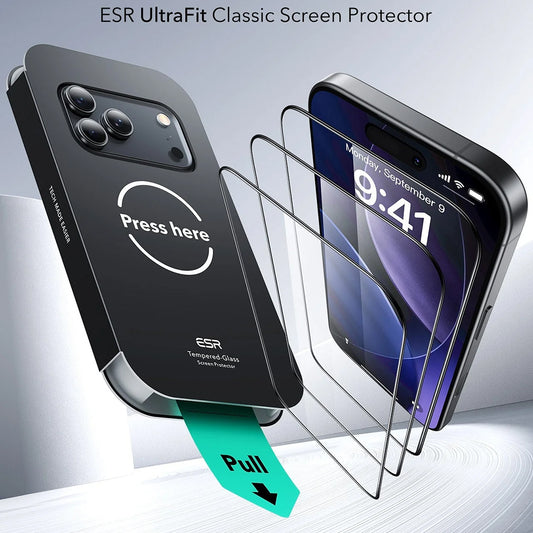 Pellicola protettiva ESR UltraFit per Apple iPhone 17 Pro Max, Vetro Temperato, Full Glue, Set 3 pezzi