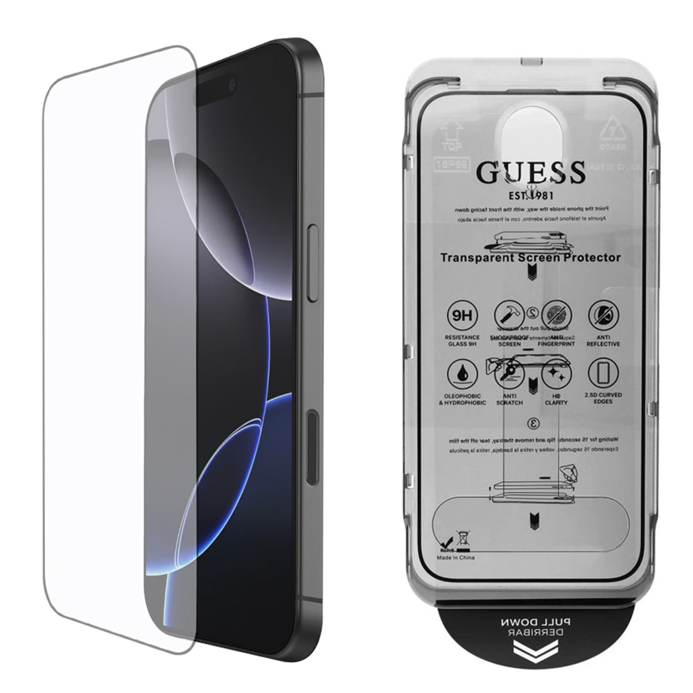 Pellicola Protettiva Schermo Guess Classic Outline per Apple iPhone 16 Pro, Vetro Temperato, Full Glue, 2.5D, Nera