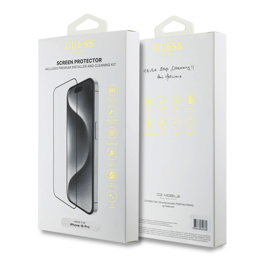 Pellicola Protettiva Schermo Guess Classic Outline per Apple iPhone 16 Pro, Vetro Temperato, Full Glue, 2.5D, Nera