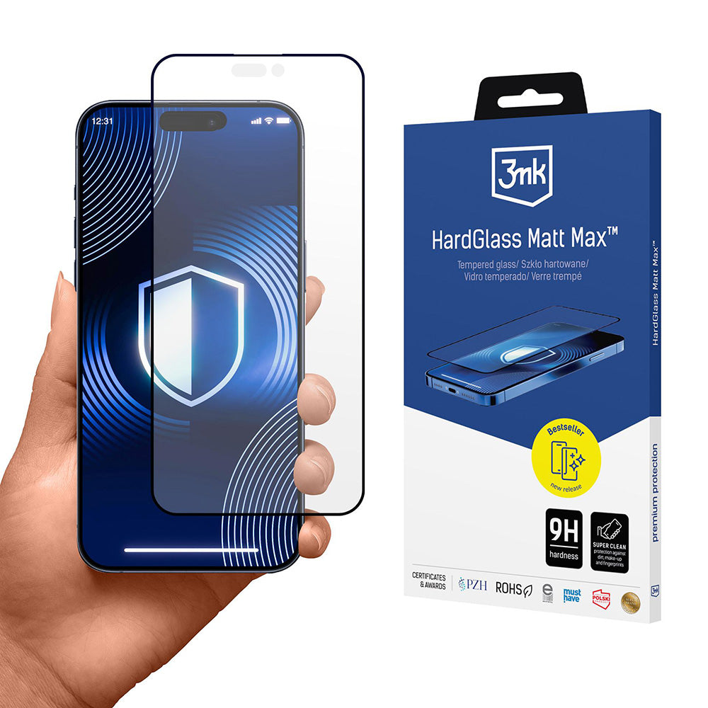 Pellicola Protettiva Schermo Matte 3MK HardGlass Max per Apple iPhone 17 Pro Max, Vetro Temperato, Full Glue, Nera