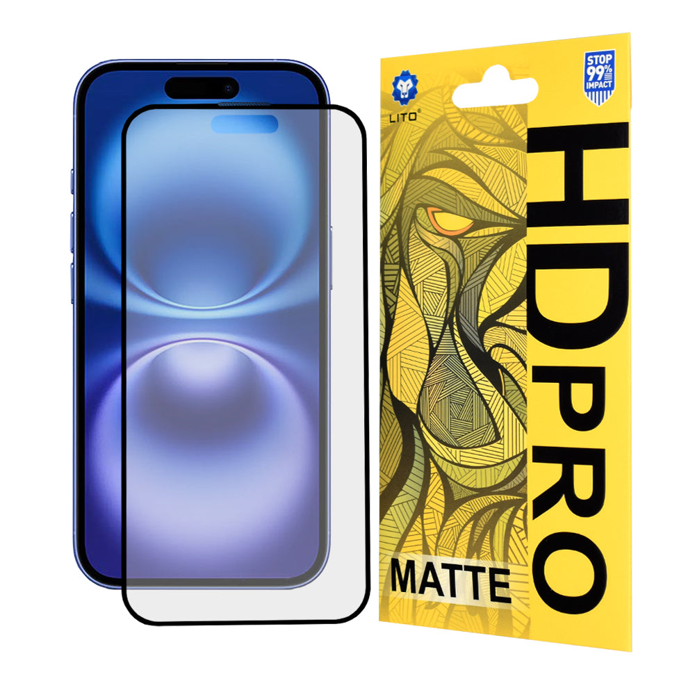 Pellicola protettiva per schermo Matte Lito HD Pro per Apple iPhone 16, Vetro Temperato, Full Glue, Nero