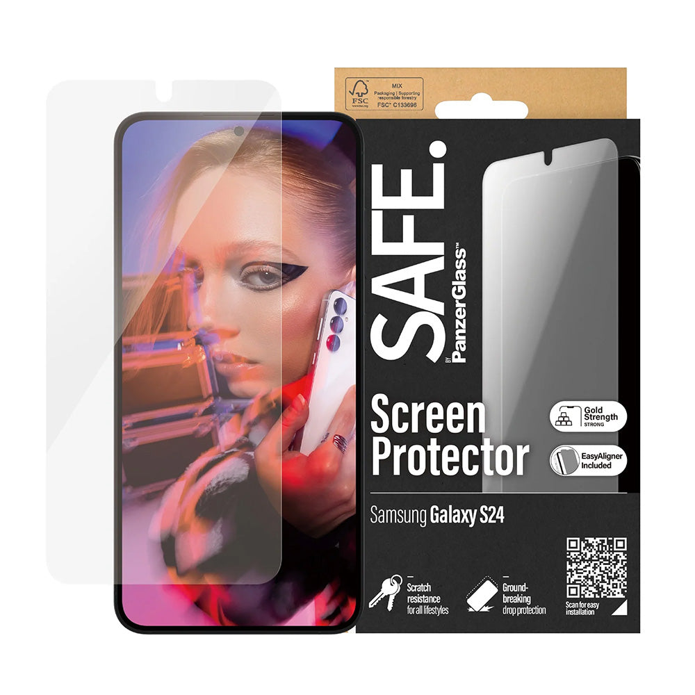 Pellicola Protettiva Schermo PanzerGlass Safe. Ultra-Wide Fit EasyAligner per Samsung Galaxy S24 S921, Vetro Temperato, Full Glue.