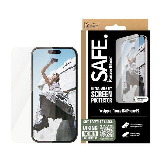 Pellicola Protettiva Schermo PanzerGlass Safe. Ultra-Wide Fit per Apple iPhone 16 / 15, Vetro Temperato, Full Glue