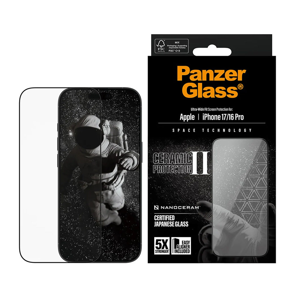 Pellicola Protettiva Schermo PanzerGlass Ultra-Wide Ceramic II EasyAligner per Apple iPhone 17 / 16 Pro, Vetro Temperato, Full Glue, Nera