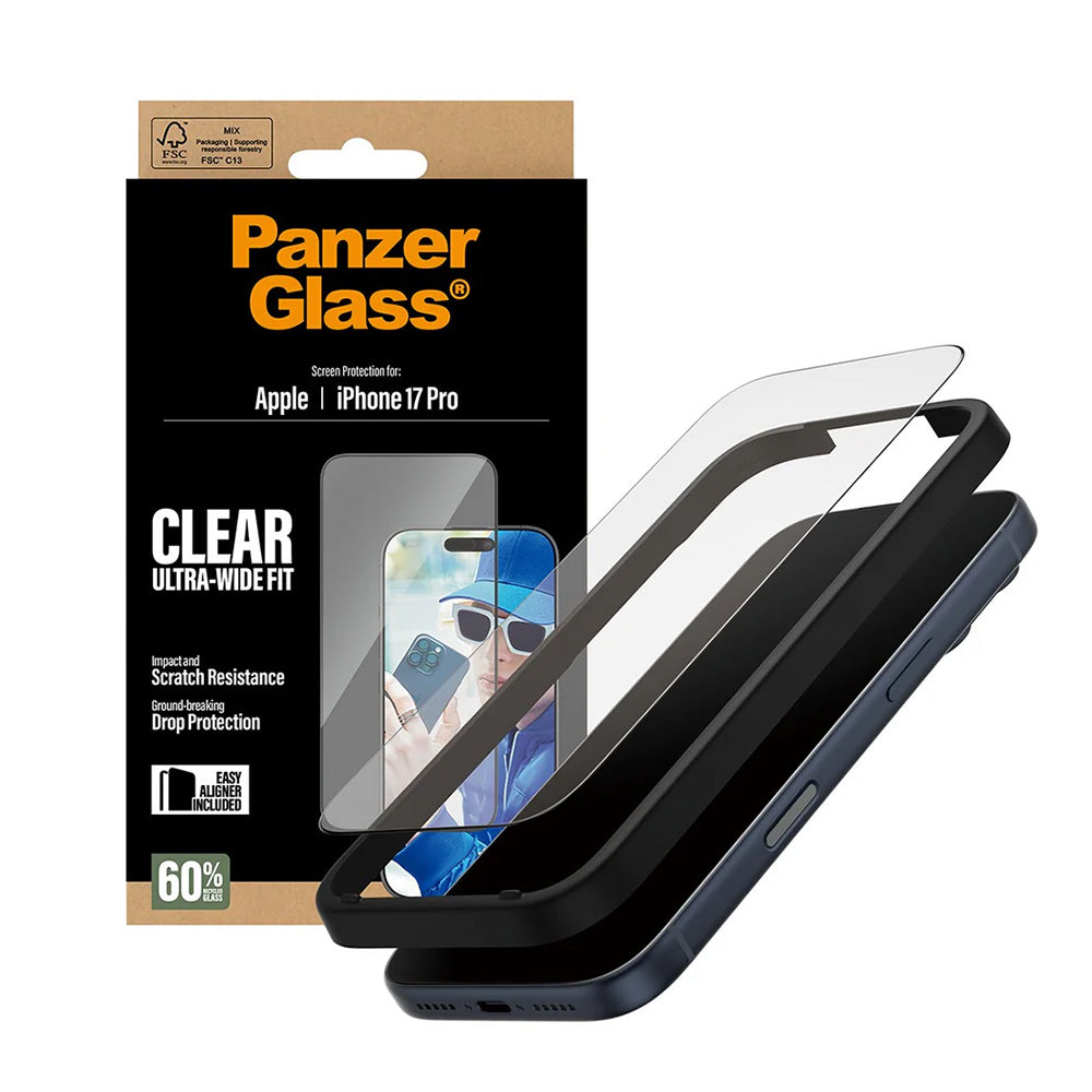 Pellicola protettiva Schermo PanzerGlass Ultra-Wide Fit EasyAligner per Apple iPhone 17 Pro, Vetro Temperato, Full Glue, Nera
