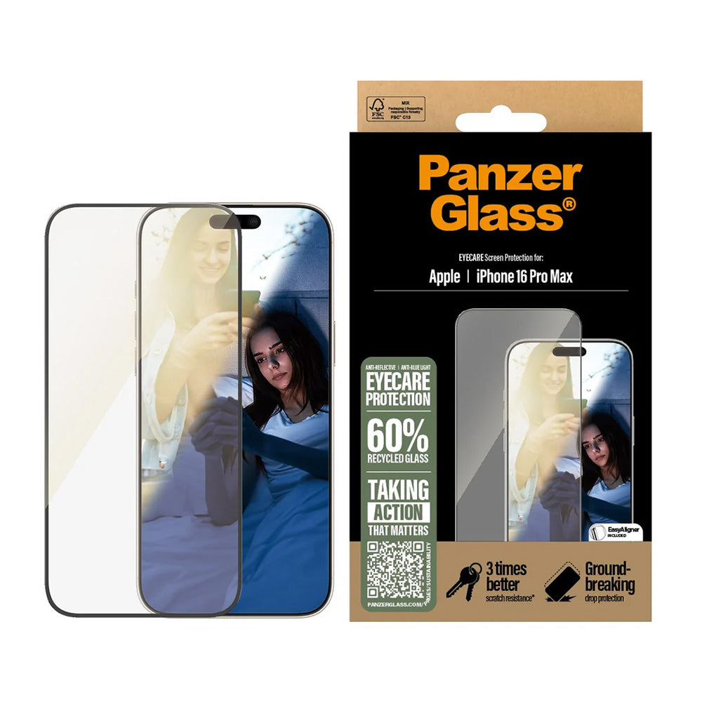 Pellicola protettiva Schermo PanzerGlass Ultra-Wide Fit EyeCare per Apple iPhone 16 Pro Max, Vetro Temperato, Full Glue, Nera