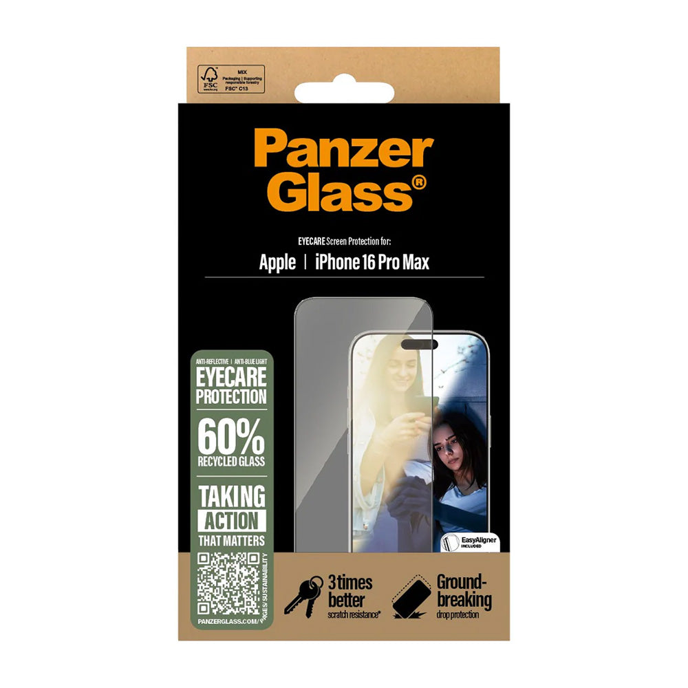 Pellicola protettiva Schermo PanzerGlass Ultra-Wide Fit EyeCare per Apple iPhone 16 Pro Max, Vetro Temperato, Full Glue, Nera