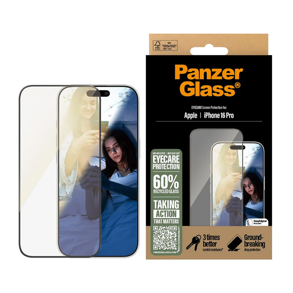 Pellicola protettiva Schermo PanzerGlass Ultra-Wide Fit EyeCare per Apple iPhone 16 Pro, Vetro Temperato, Full Glue, Nera