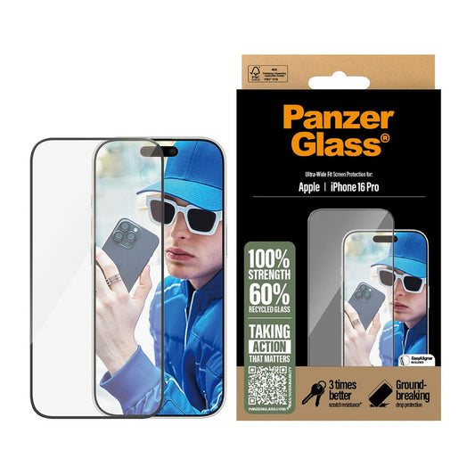 Pellicola Protettiva Schermo PanzerGlass Ultra-Wide Fit per Apple iPhone 16 Pro, Vetro Temperato, Full Glue, Nera