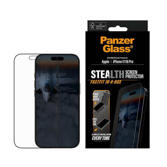 Pellicola Protettiva Schermo PanzerGlass Ultra-Wide Fit Stealth Fastfit per Apple iPhone 17 / 16 Pro, Vetro Temperato, Full Glue, Nera