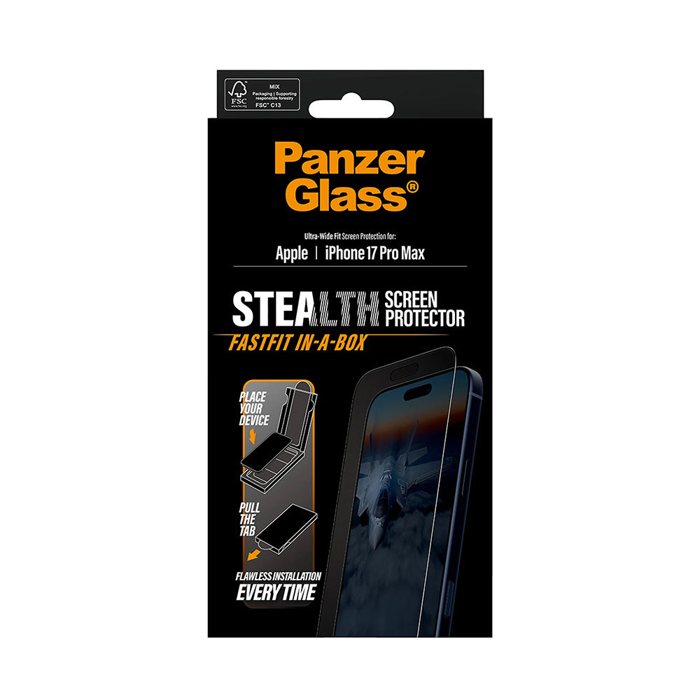 Pellicola protettiva per schermo PanzerGlass Ultra-Wide Fit Stealth Fastfit per Apple iPhone 17 Pro Max, Vetro Temperato, Full Glue, Nera