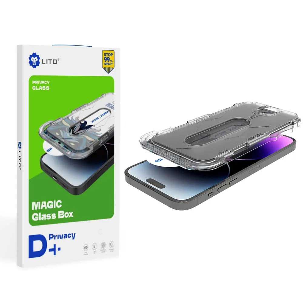 Pellicola protettiva per schermo Privacy Lito Magic Glass Box D+ Tools per Apple iPhone 14 Plus / 13 Pro Max, Vetro Temperato, Colla Completa