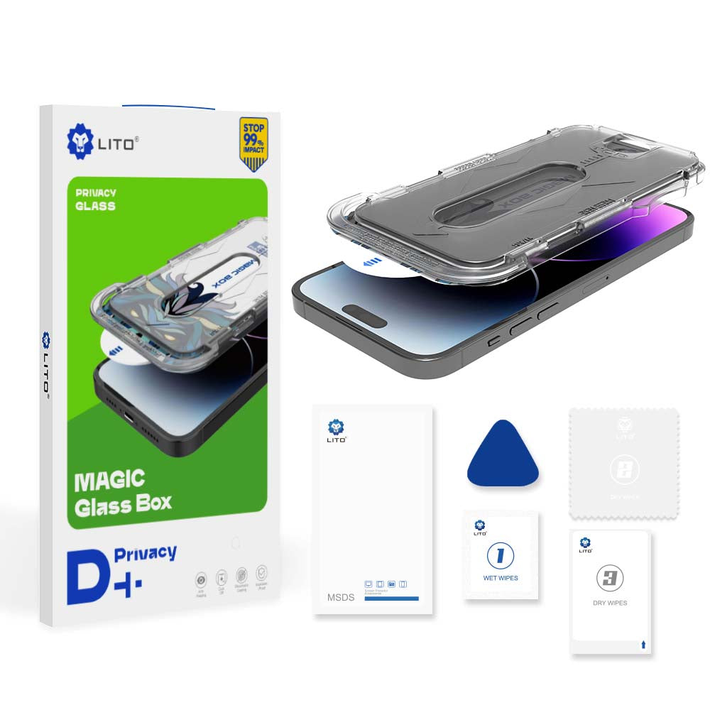 Pellicola protettiva per schermo Privacy Lito Magic Glass Box D+ Tools per Apple iPhone 16 Pro, Vetro Temperato, Colla Completa