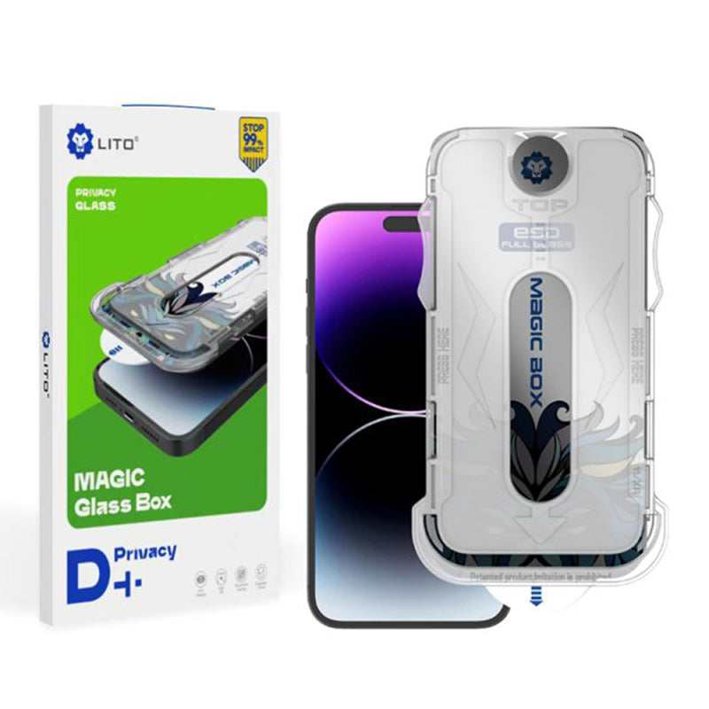 Pellicola protettiva per schermo Privacy Lito Magic Glass Box D+ Tools per Apple iPhone 16, Vetro Temperato, Colla Completa