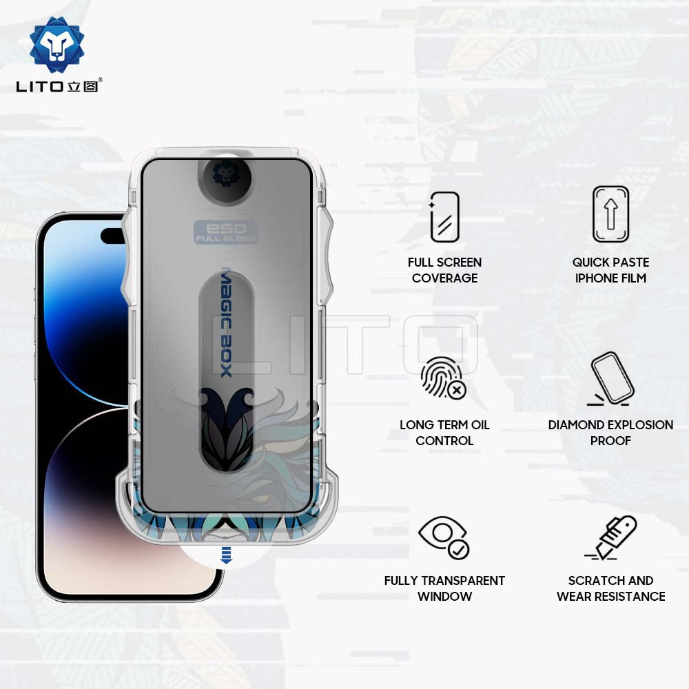 Pellicola protettiva per schermo Privacy Lito Magic Glass Box D+ Tools per Apple iPhone 17e / 16e / 14 / 13 Pro, Vetro Temperato, Colla Completa
