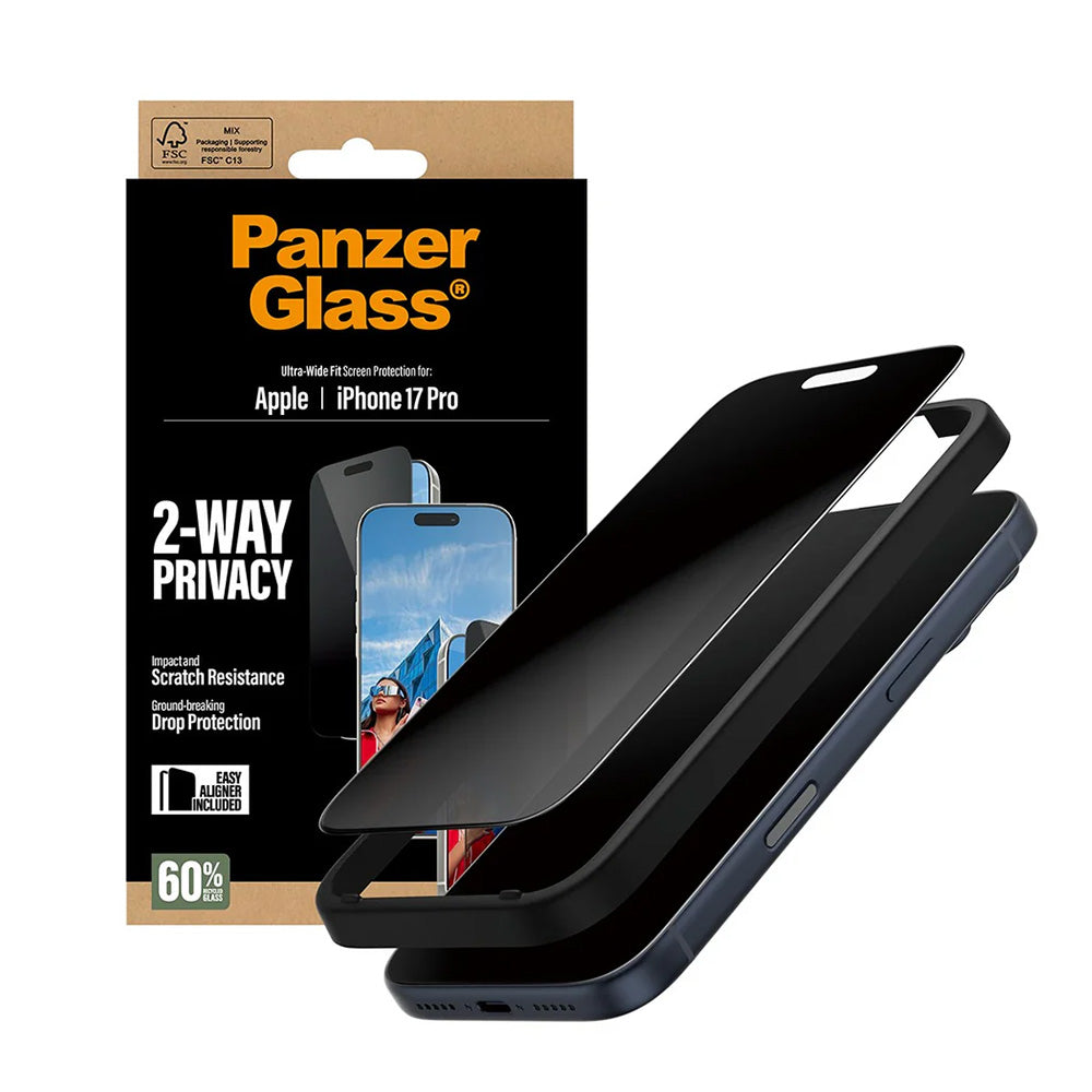 Pellicola protettiva Privacy Screen PanzerGlass Ultra-Wide Fit 2-Way EasyAligner per Apple iPhone 17 Pro, Vetro Temperato, Full Glue