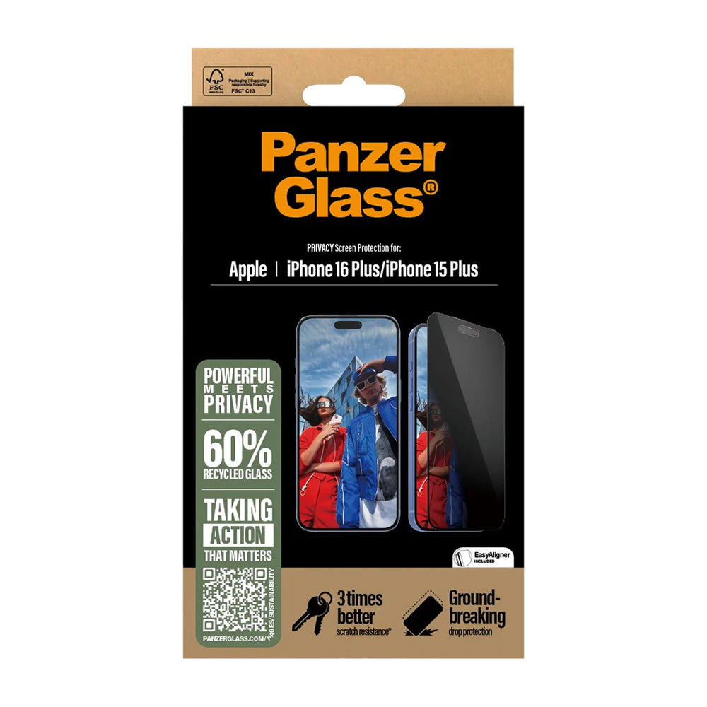 Pellicola Protettiva Schermo Privacy PanzerGlass Ultra-Wide Fit EasyAligner per Apple iPhone 16 Plus / 15 Plus, Vetro Temperato, Full Glue