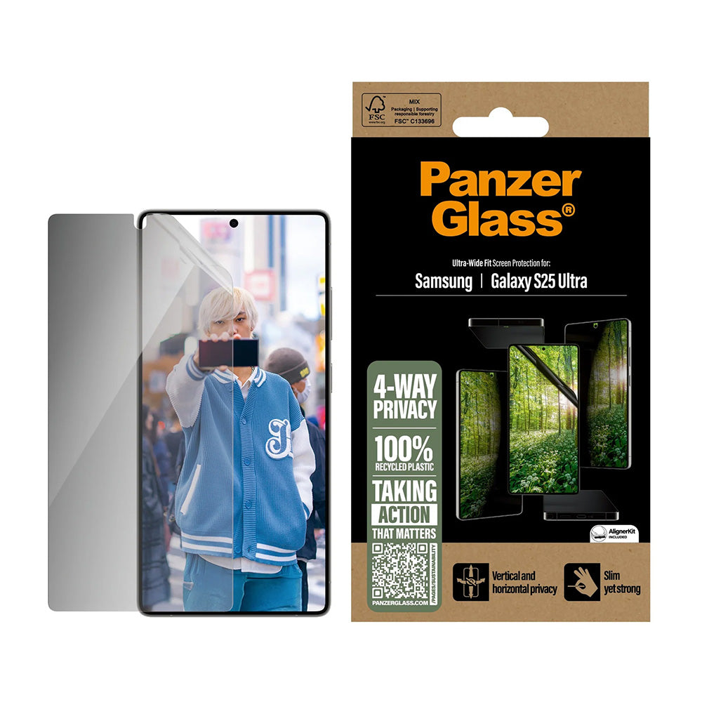 Pellicola Protettiva Schermo Privacy PanzerGlass Ultra-Wide Fit Eco Matrix 4-Way per Samsung Galaxy S25 Ultra S938, Vetro Temperato, Full Glue