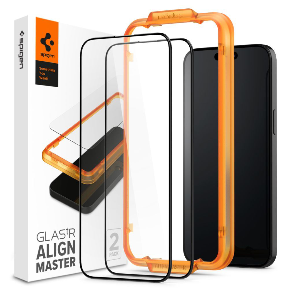 Pellicola Protettiva Schermo Spigen GlastR Align Master per Apple iPhone 15 Plus, Vetro Temperato, Full Glue, Set 2 pezzi, Nera AGL06886
