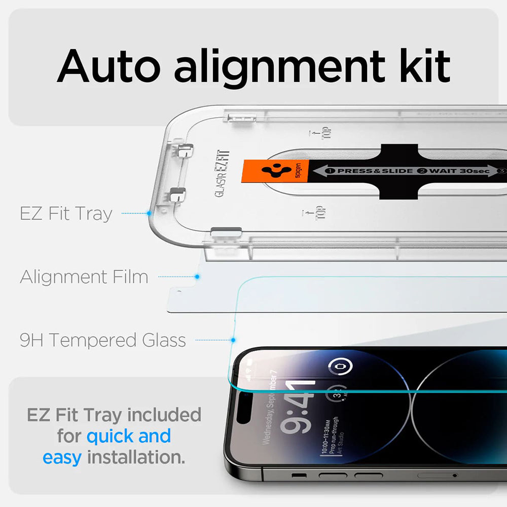 Pellicola protettiva Schermo Spigen GlastR EZ FIT per Apple iPhone 14 Pro, Vetro Temperato, Full Glue, Set 2 pezzi