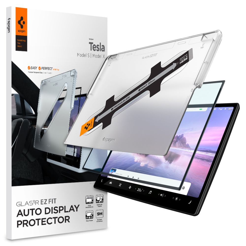 Pellicola Protettiva Spigen GlastR EZ FIT per Navigazione Tesla X / S (2022 - 2021), Vetro Temperato, Nero AGL04688