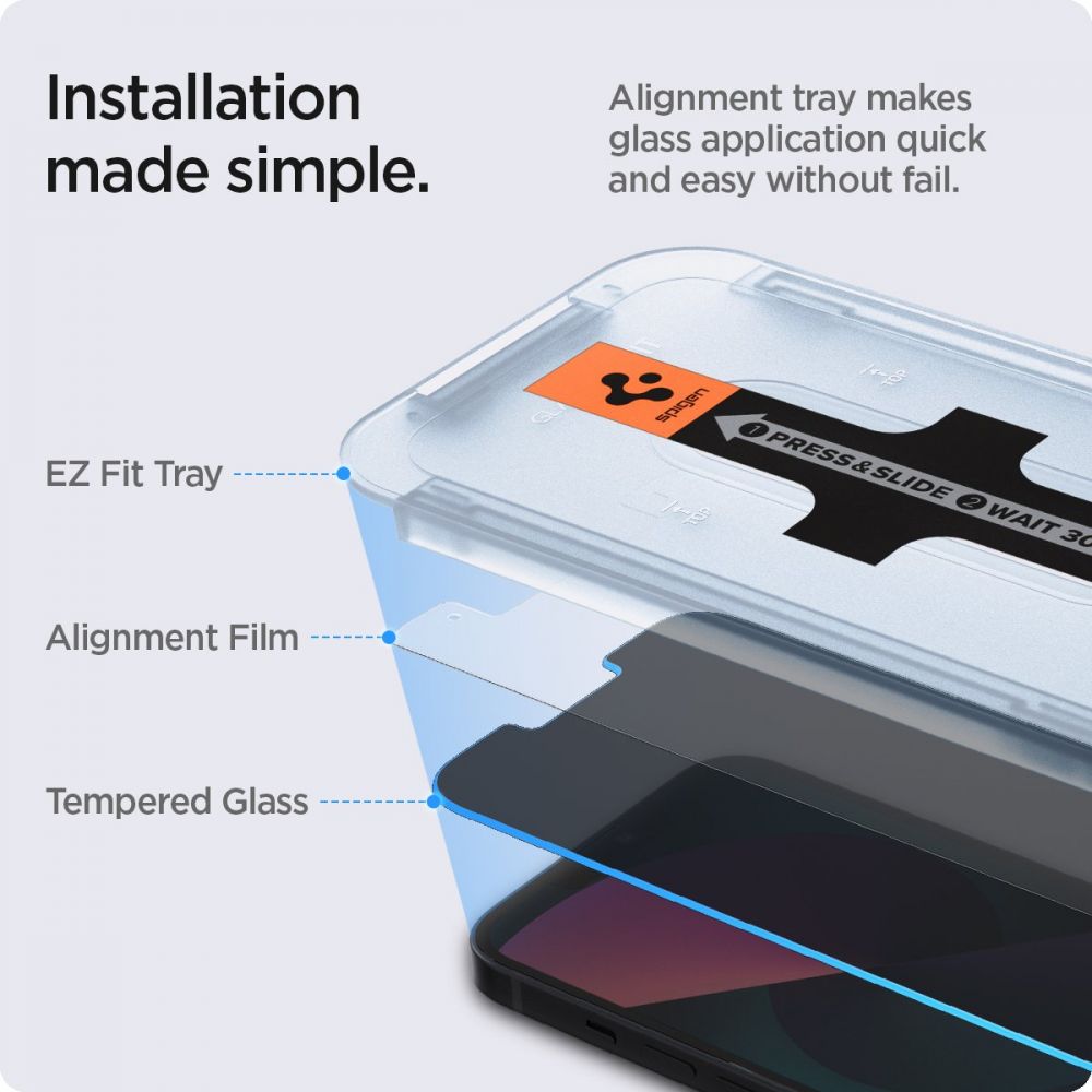 Pellicola protettiva per schermo Privacy Spigen GlastR EZ FIT per Apple iPhone 17e / 16e / 14 / 13 Pro, Vetro temperato, Full Glue, Set 2 pezzi AGL03388