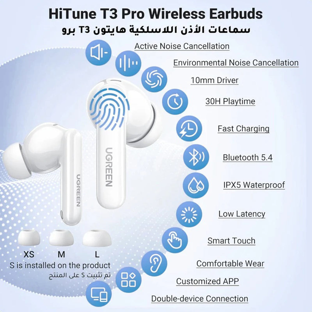 Auricolare Bluetooth UGREEN HiTune T3 Pro WS206, TWS, ANC, MultiPoint, Bianco