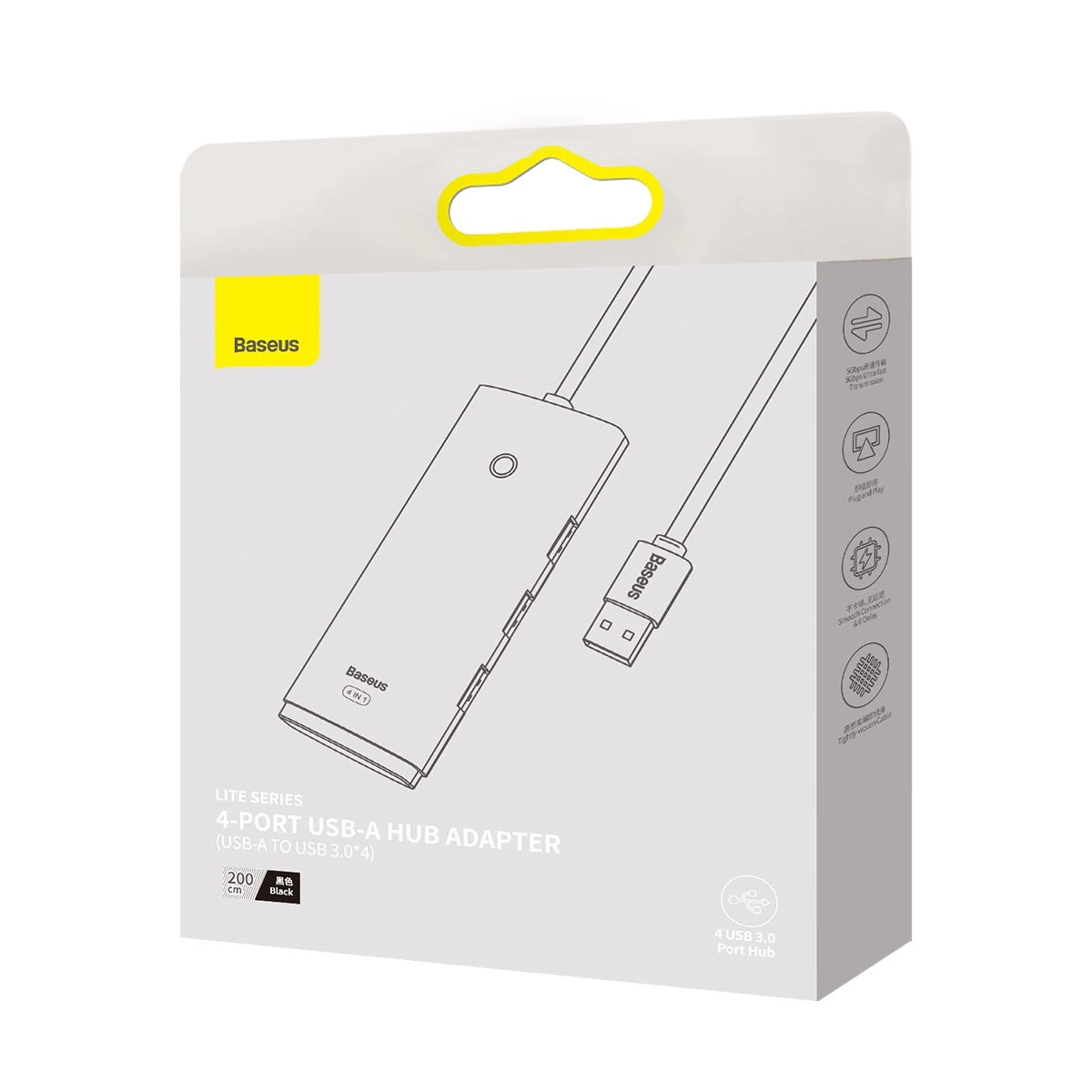 Hub USB Baseus Lite, 4 x USB-A 3.0 - 1 x USB-C, 2m, Nero WKQX030201