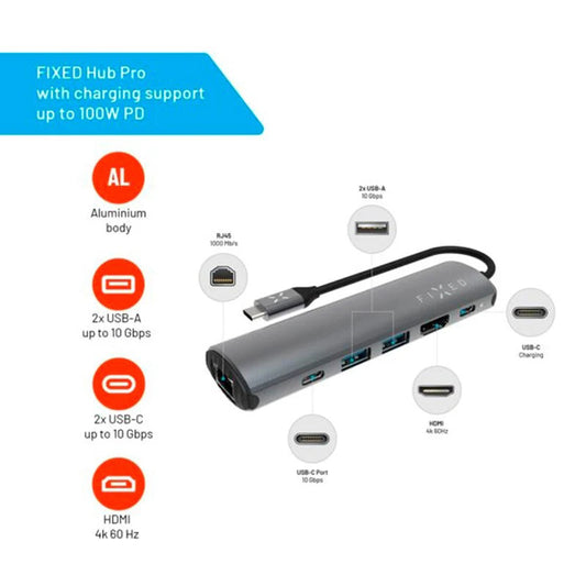 Hub USB-C Fixed Pro, 6in1, Grigio