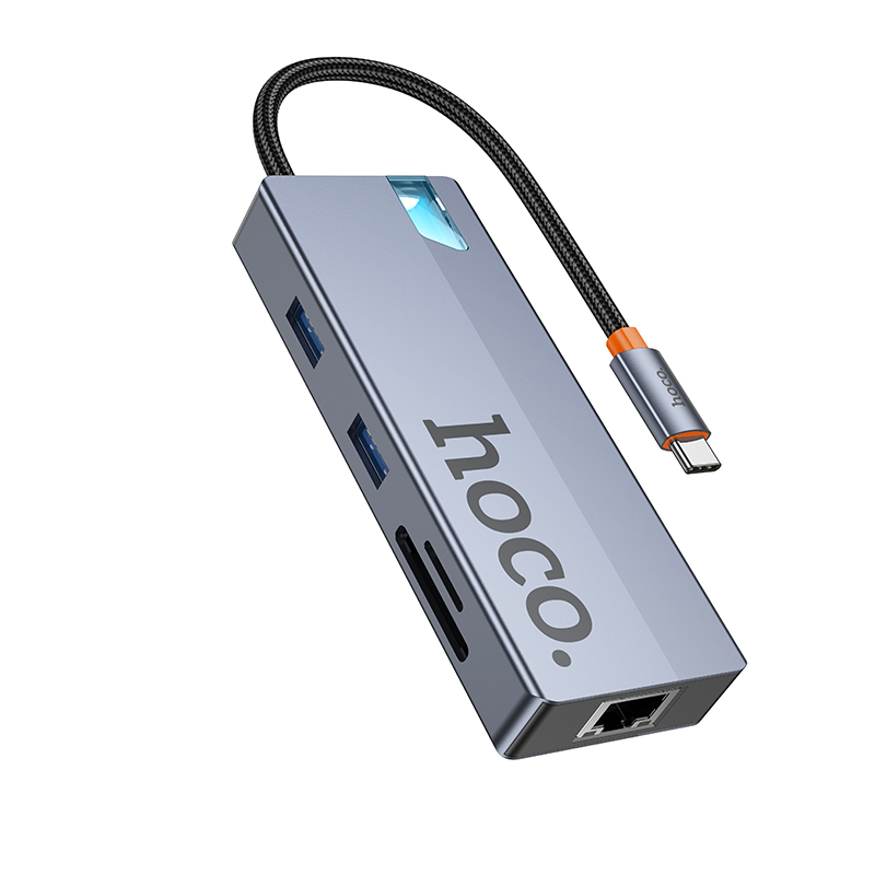 Hub USB-C HOCO HB52, 2 x USB-A 3.0 - 2 x USB-C - 1 x HDMI - 1 x RJ45 - 1 x SD - 1 x microSD, Grigio