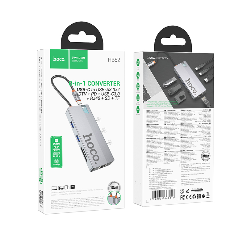 Hub USB-C HOCO HB52, 2 x USB-A 3.0 - 2 x USB-C - 1 x HDMI - 1 x RJ45 - 1 x SD - 1 x microSD, Grigio