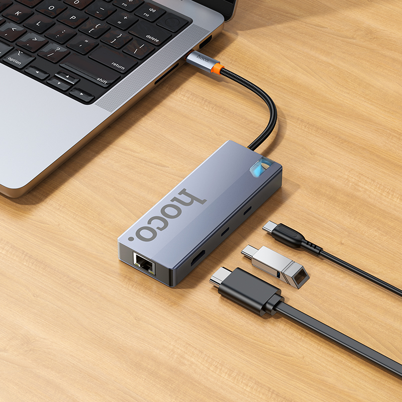 Hub USB-C HOCO HB52, 2 x USB-A 3.0 - 2 x USB-C - 1 x HDMI - 1 x RJ45 - 1 x SD - 1 x microSD, Grigio