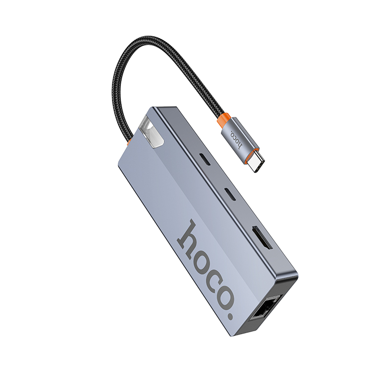 Hub USB-C HOCO HB52, 2 x USB-A 3.0 - 2 x USB-C - 1 x HDMI - 1 x RJ45 - 1 x SD - 1 x microSD, Grigio