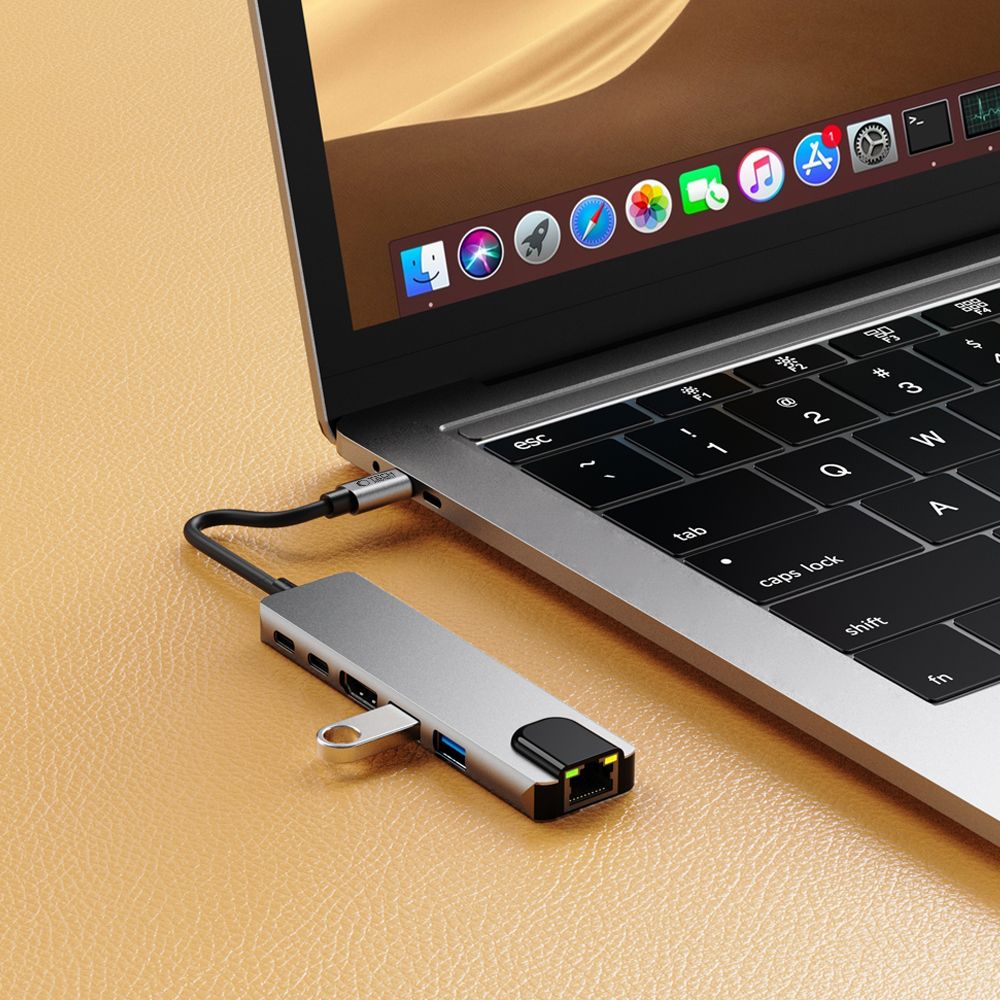 Hub USB-C Tech-Protect HB02, 1 x USB-A 3.0 - 1 x USB-A - 2 x USB-C - 1 x HDMI - 1 x RJ45, Grigio