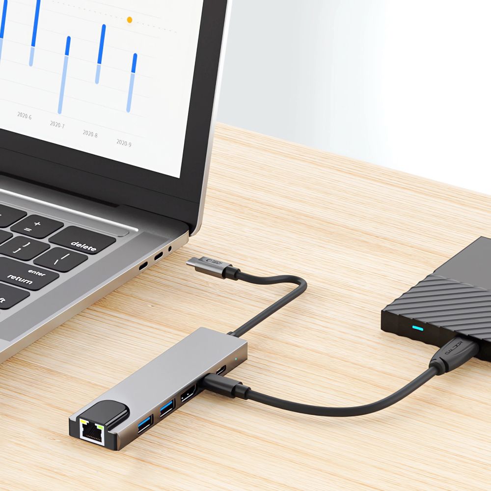 Hub USB-C Tech-Protect HB02, 1 x USB-A 3.0 - 1 x USB-A - 2 x USB-C - 1 x HDMI - 1 x RJ45, Grigio