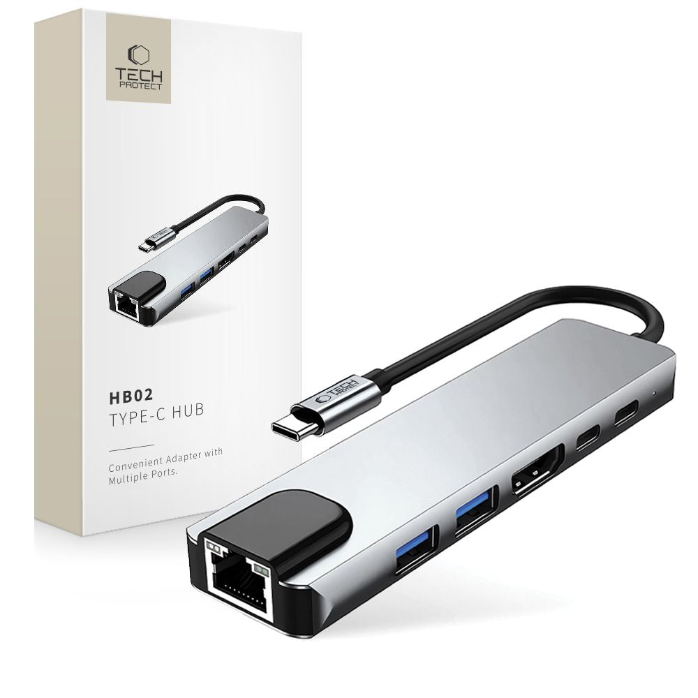 Hub USB-C Tech-Protect HB02, 1 x USB-A 3.0 - 1 x USB-A - 2 x USB-C - 1 x HDMI - 1 x RJ45, Grigio