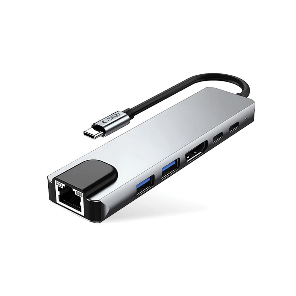 Hub USB-C Tech-Protect HB02, 1 x USB-A 3.0 - 1 x USB-A - 2 x USB-C - 1 x HDMI - 1 x RJ45, Grigio