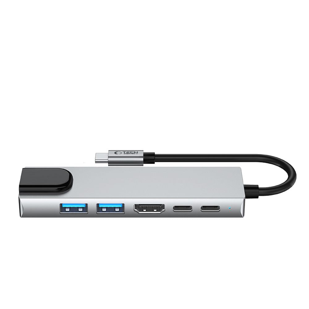 Hub USB-C Tech-Protect HB02, 1 x USB-A 3.0 - 1 x USB-A - 2 x USB-C - 1 x HDMI - 1 x RJ45, Grigio